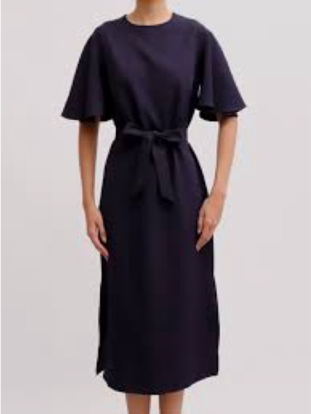 Iris & Ink Navy Flutter Sleeve Tie Waist Midi Dress Size 10 Made in Italy